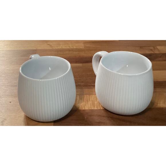 Set of 2 World Market White Coffee Mug Cups 3" Tall Embossed Ribbed - Picture 5 of 11